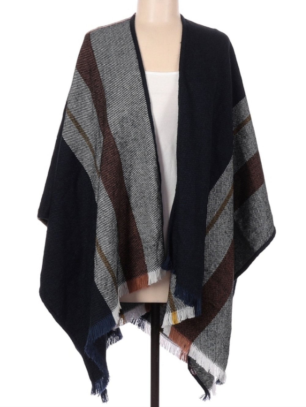 Gena Accessories Striped Fringe Poncho Wrap in Navy, Brown & Gray EUC